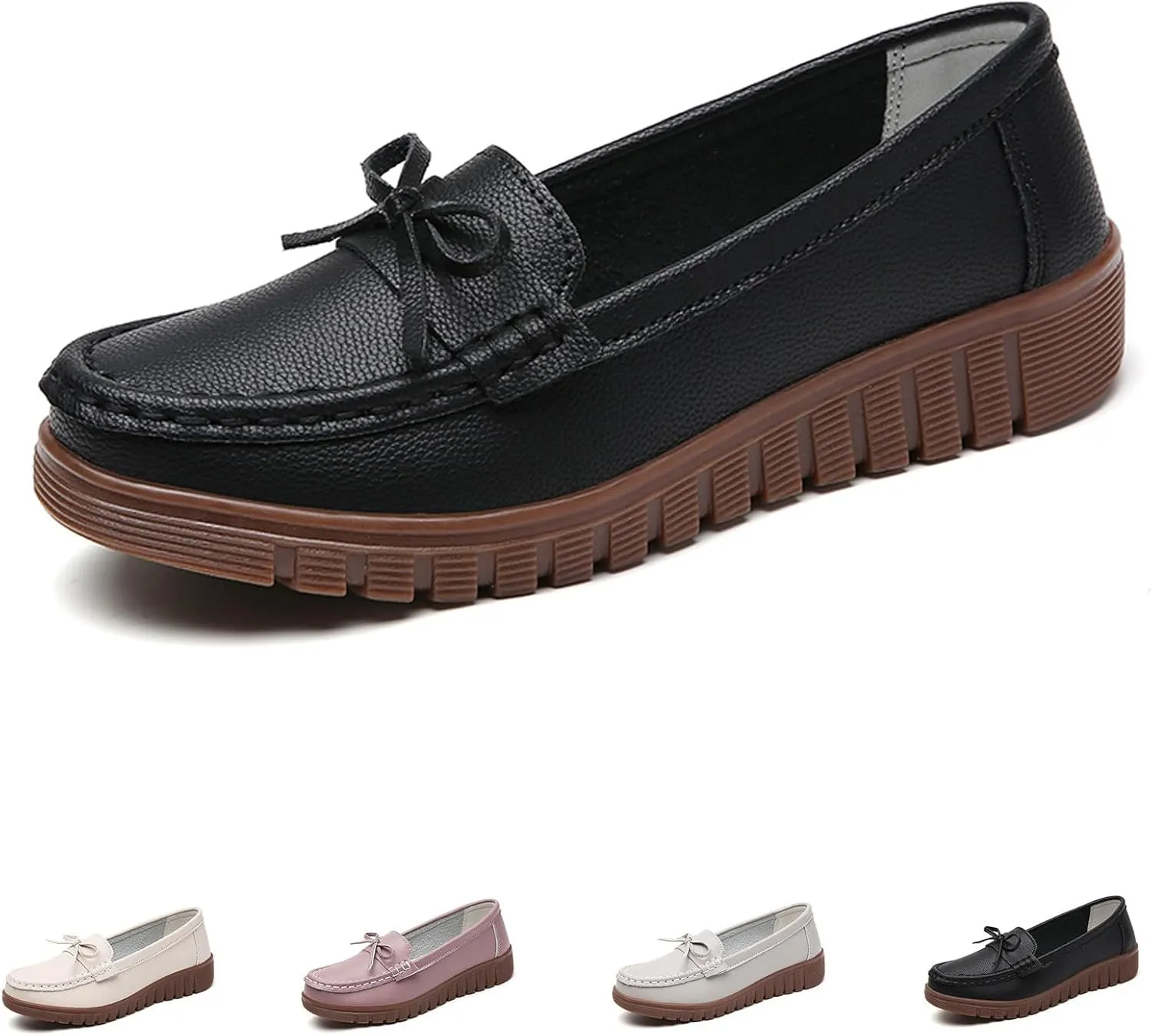 AUNTHUI Women's Leather Low Wedge Loafers,Slip On Dress Shoes,Hollow Out Breathable Soft Comfortable Walking Casual Driving Penny Shoes