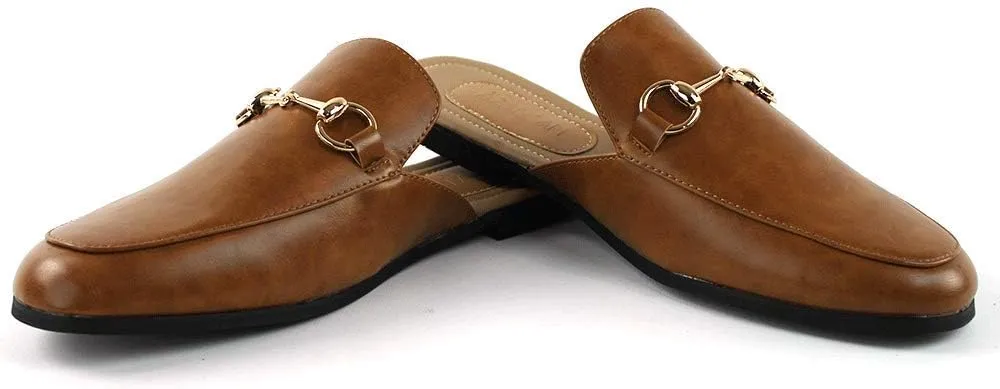 AZAR MAN Mens Backless Slip On Shoes Gold Buckle Round Toe Loafers