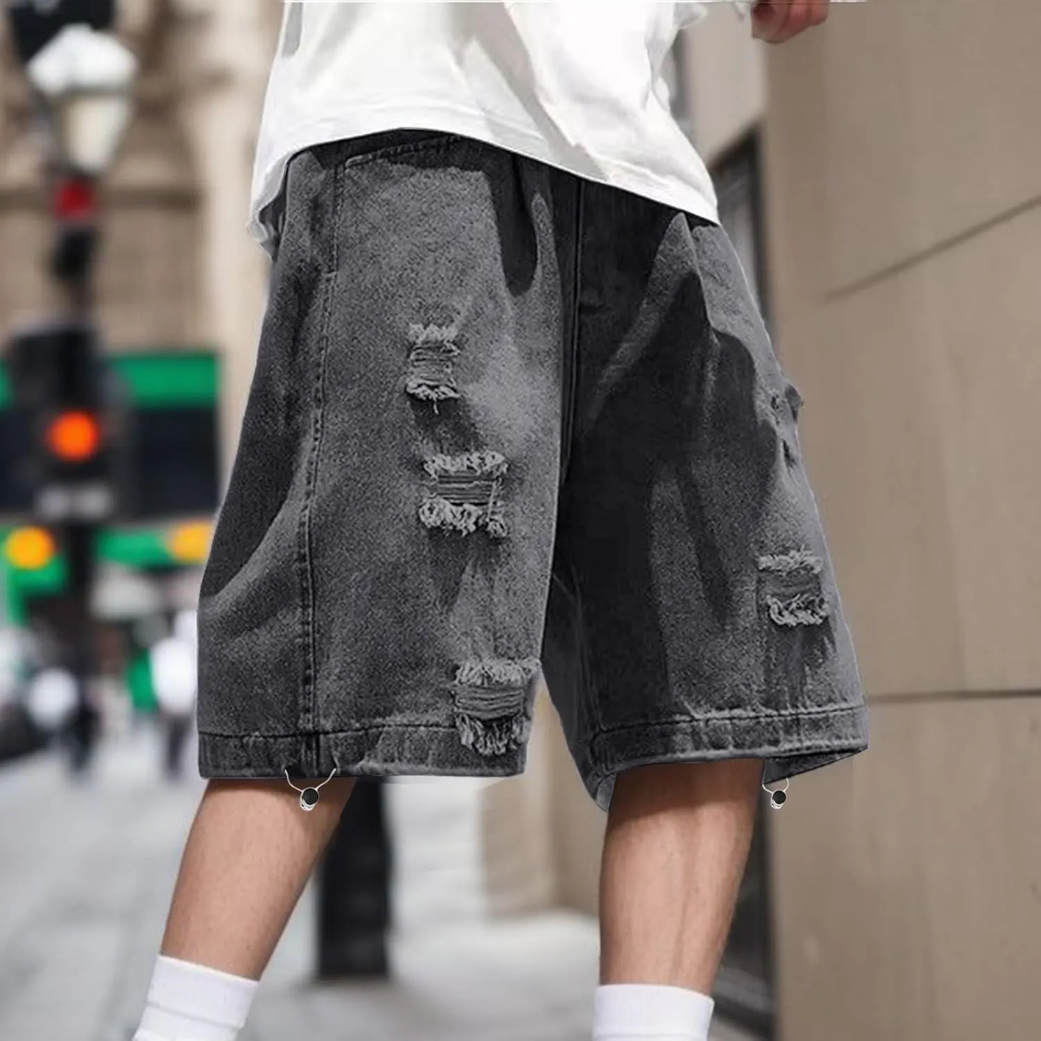 Baggy Jean Shorts for Men Casual Loose Fit Hip Hop Skateboard Denim Shorts Streetwear