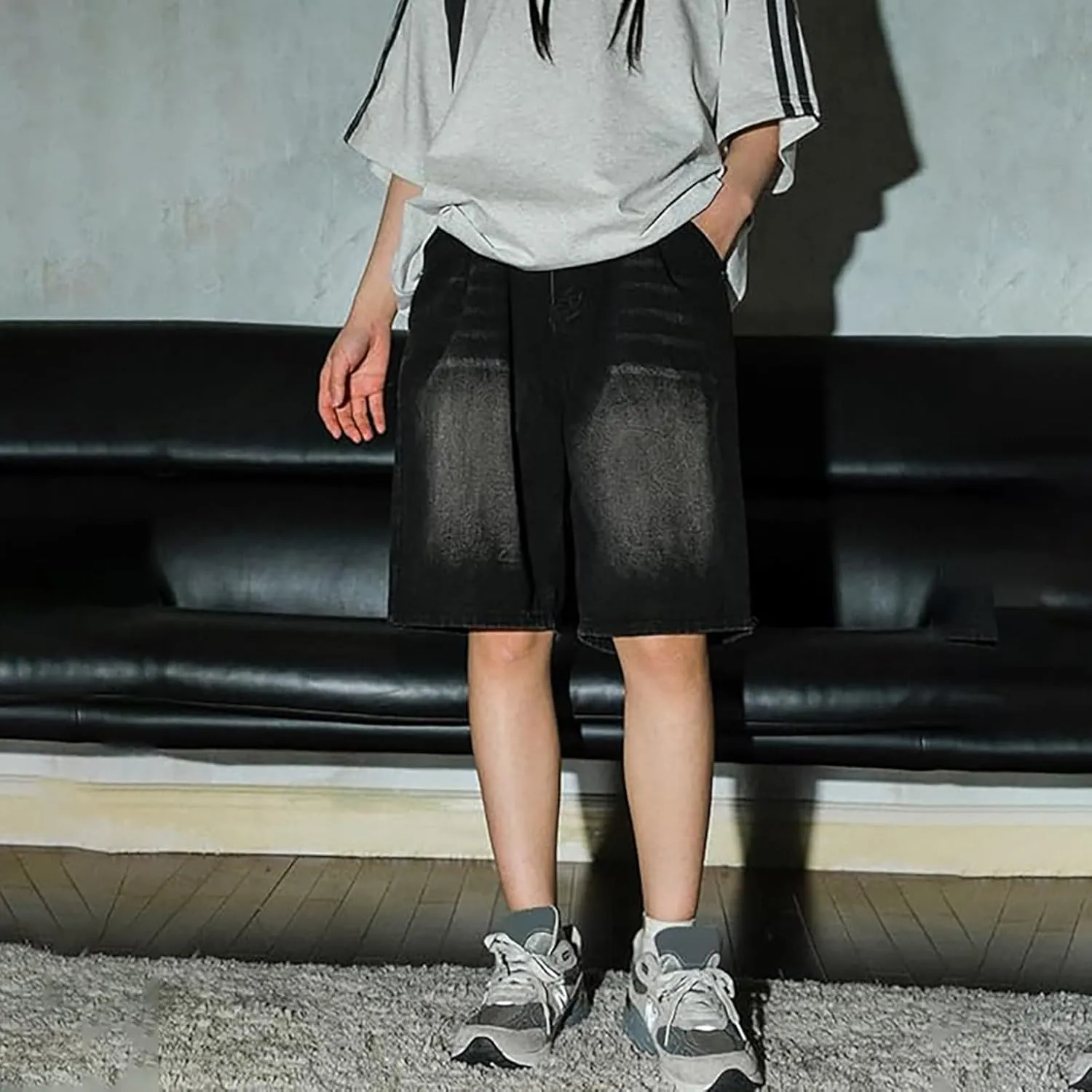 Baggy Jean Shorts for Men Summer Casual Loose Fit Y2K Hip Hop Skateboard Denim Shorts with Pockets