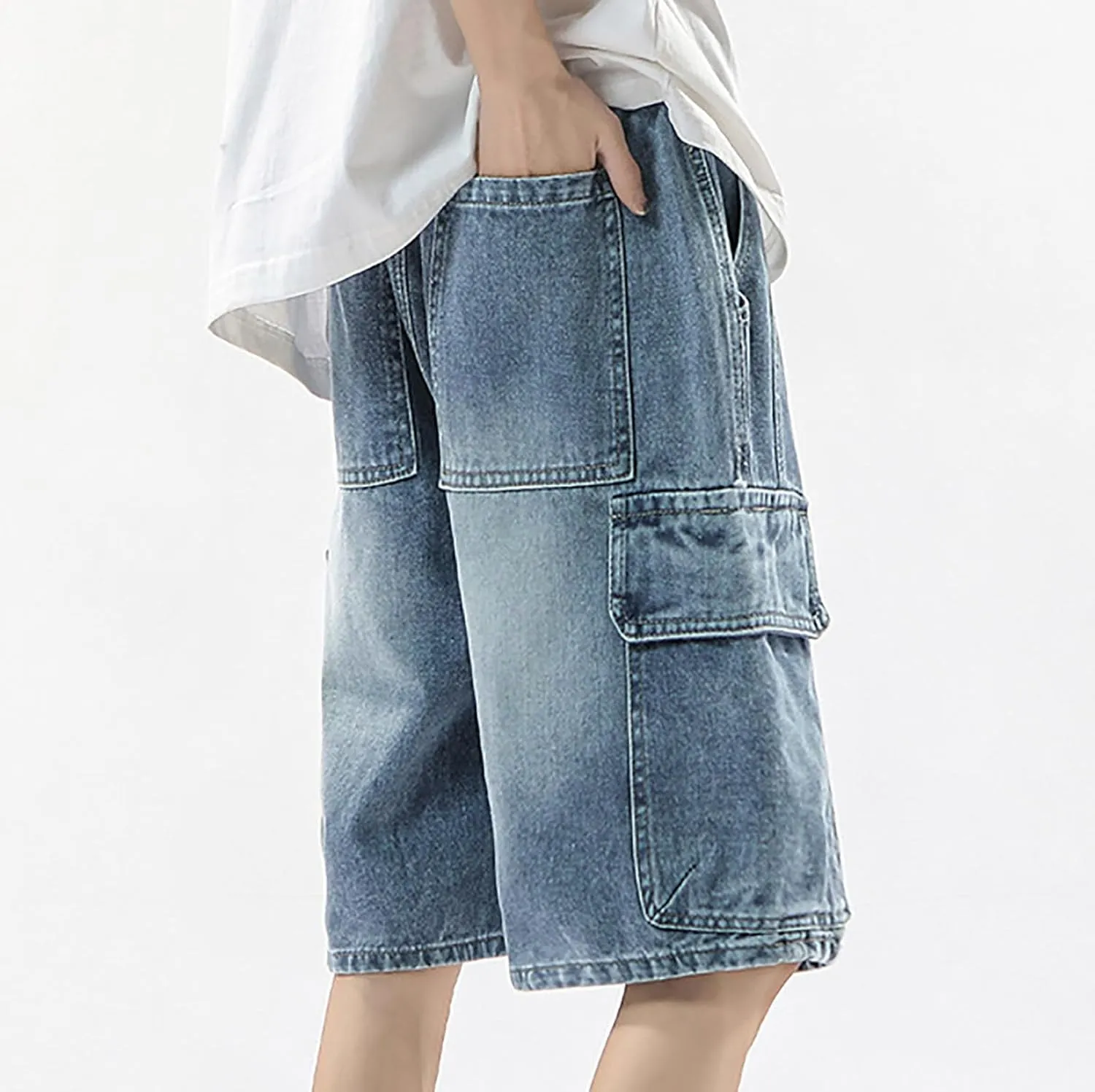 Baggy Jean Shorts for Men Summer Casual Loose Fit Y2K Hip Hop Skateboard Denim Shorts with Pockets