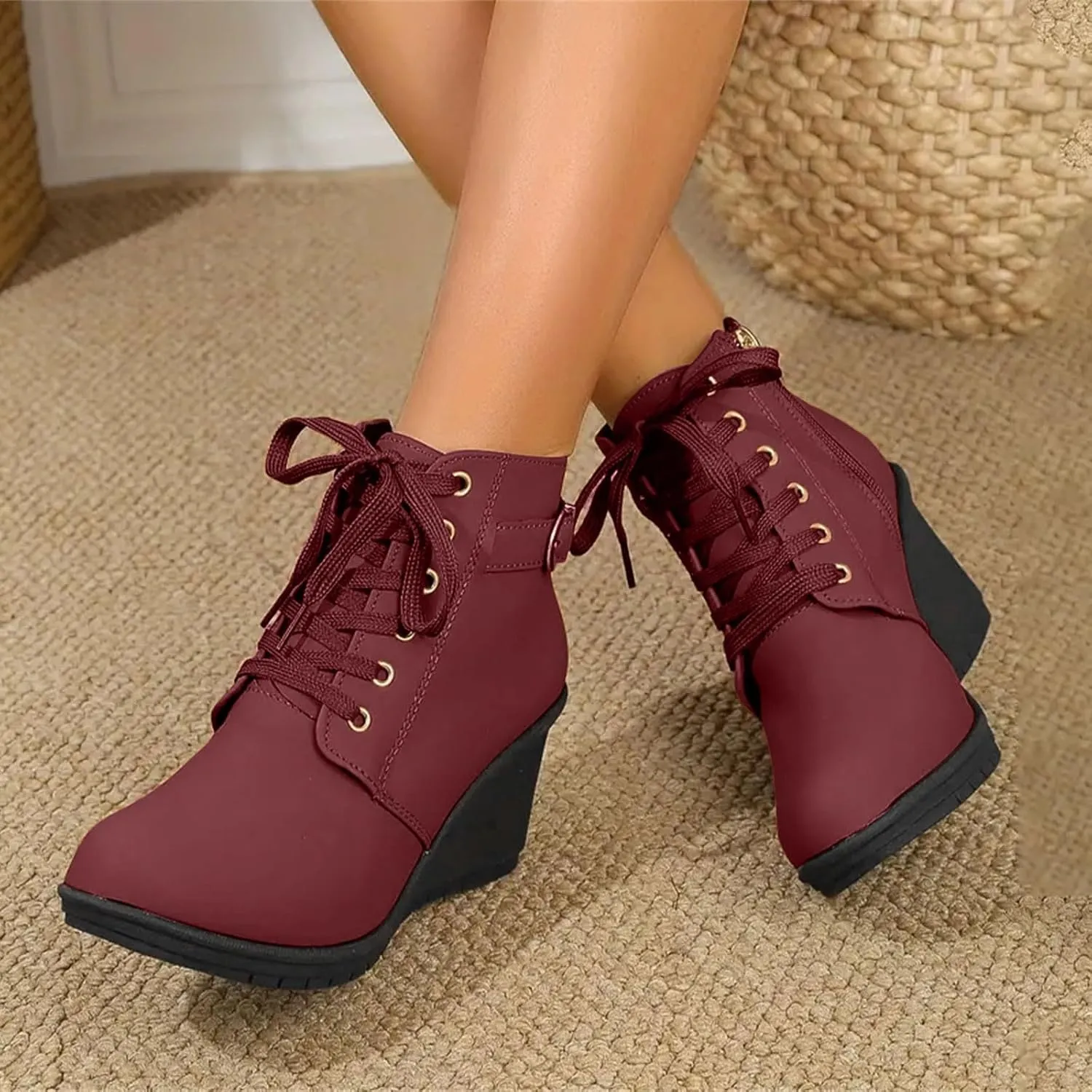 Black Ankle Boots for Women Wedge Boots for Women Fashion Women Square Heels Zipper Short Booties Round Toe Shoes
