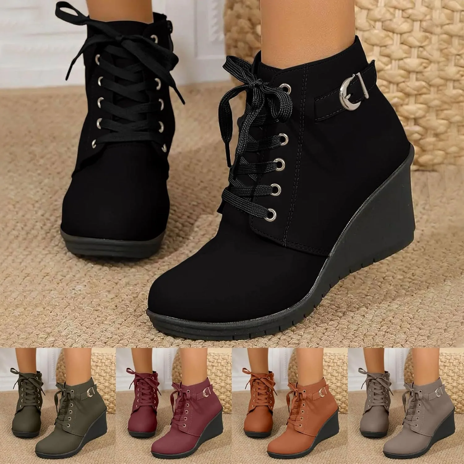 Black Ankle Boots for Women Wedge Boots for Women Fashion Women Square Heels Zipper Short Booties Round Toe Shoes