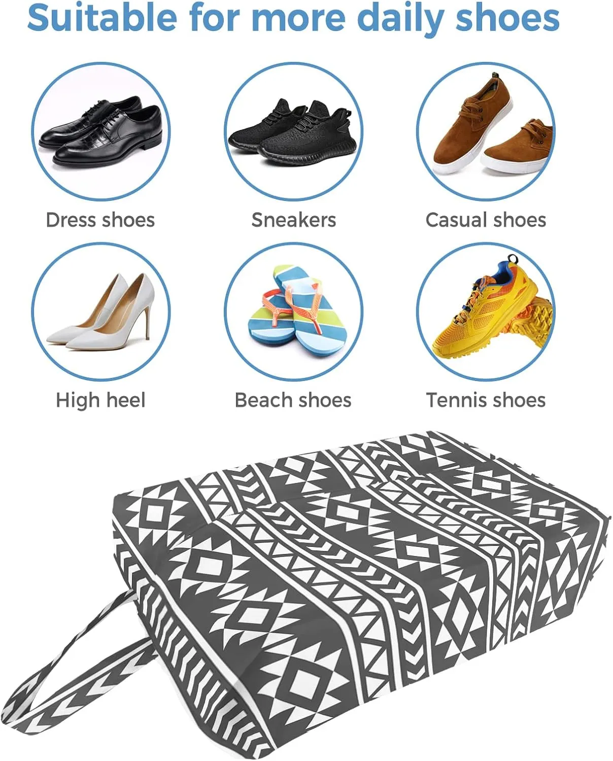 Black Southeastern Shoe Bags,X-Large Travel Golf Shoes Pouch Bags Storage Organizer Accessories with Zipper & Handle for Men, Women, Kids, Traveling, Gym, Sport, Boho Geometric Native American Tribal