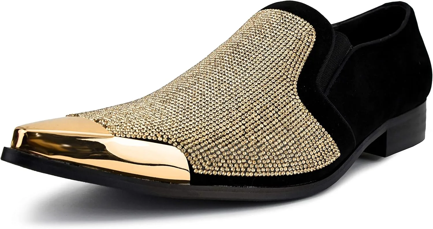 Bolano x Amali Men's Dress Loafers with Rhinestones, Slip-On, Tuxedo Loafer Shoes for Men, Pointed Toe with Metal Tip, Size Up