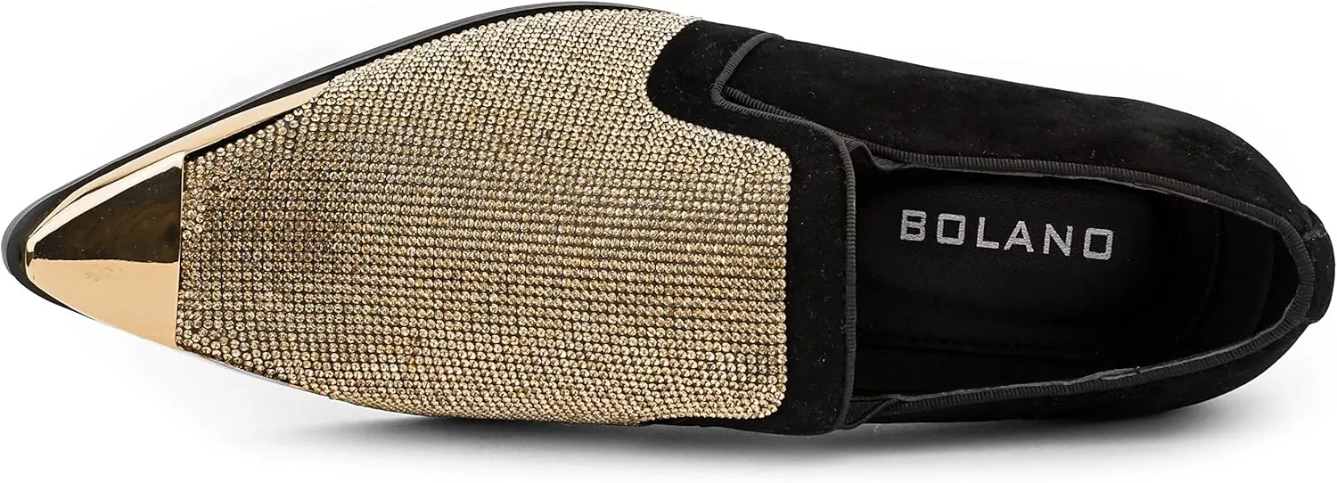 Bolano x Amali Men's Dress Loafers with Rhinestones, Slip-On, Tuxedo Loafer Shoes for Men, Pointed Toe with Metal Tip, Size Up