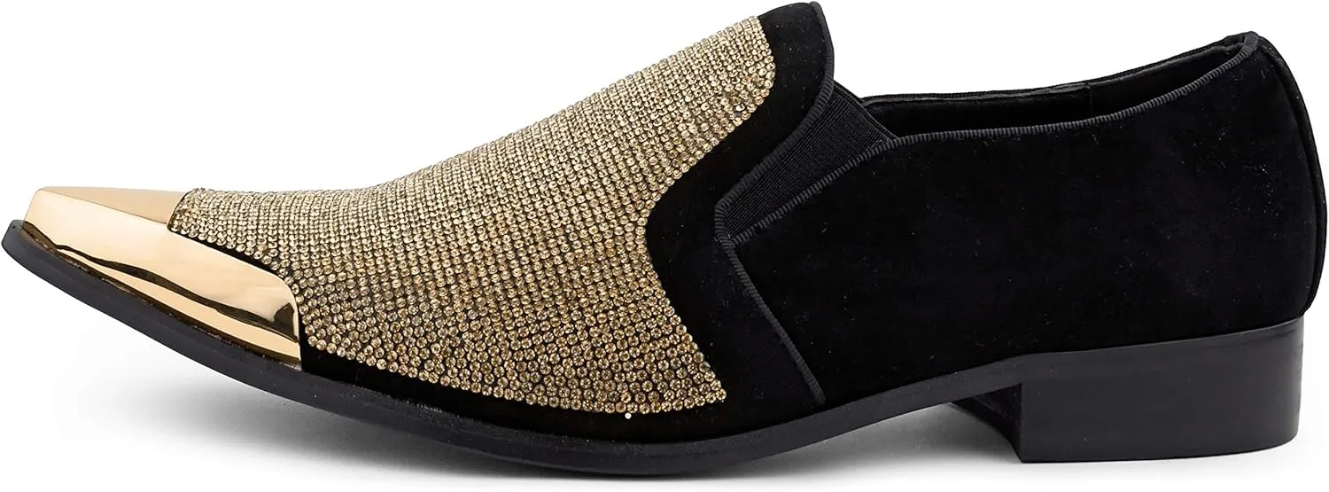 Bolano x Amali Men's Dress Loafers with Rhinestones, Slip-On, Tuxedo Loafer Shoes for Men, Pointed Toe with Metal Tip, Size Up