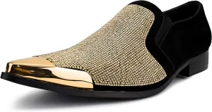Bolano x Amali Men's Dress Loafers with Rhinestones, Slip-On, Tuxedo Loafer Shoes for Men, Pointed Toe with Metal Tip, Size Up