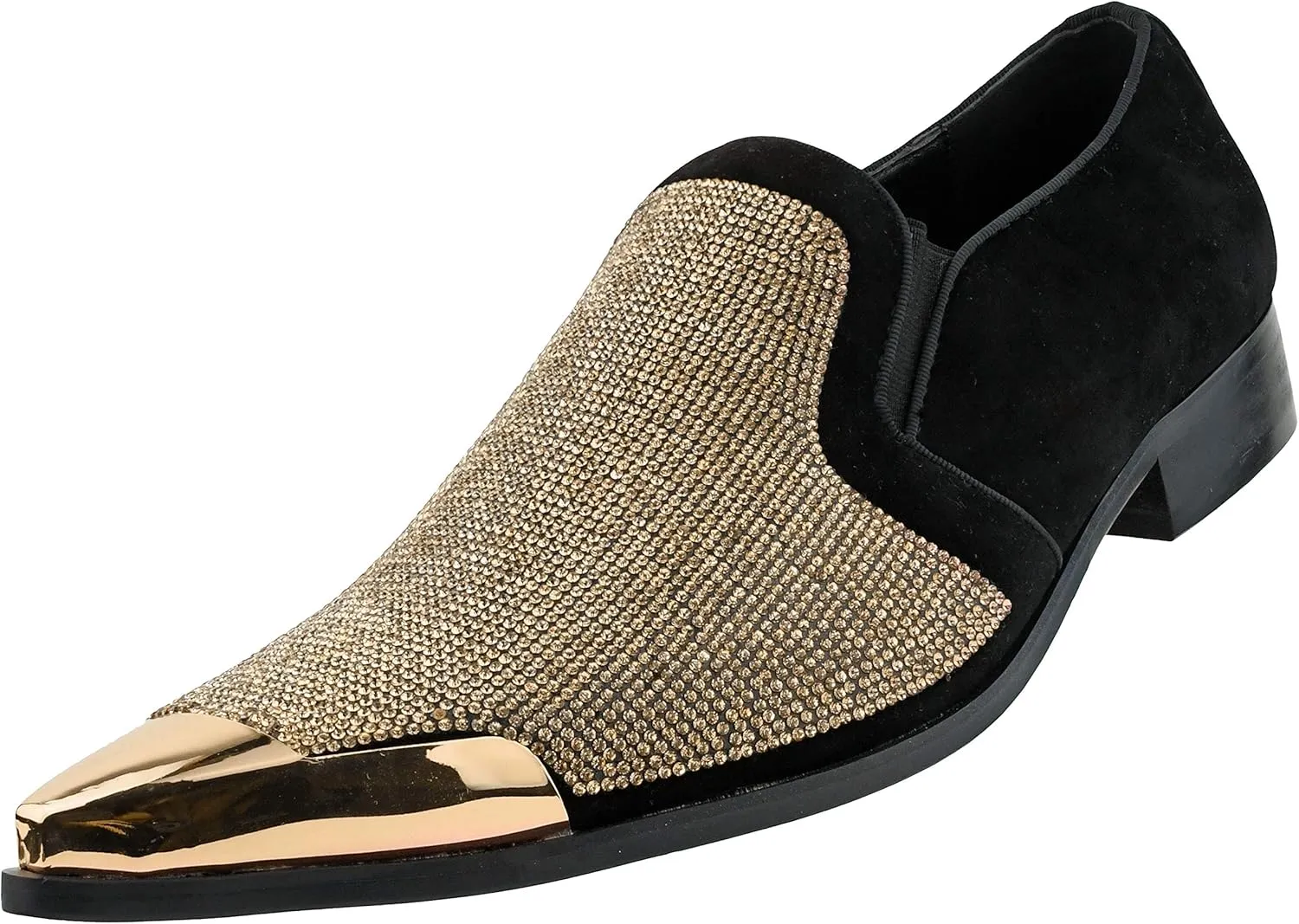 Bolano x Amali Men's Dress Loafers with Rhinestones, Slip-On, Tuxedo Loafer Shoes for Men, Pointed Toe with Metal Tip, Size Up