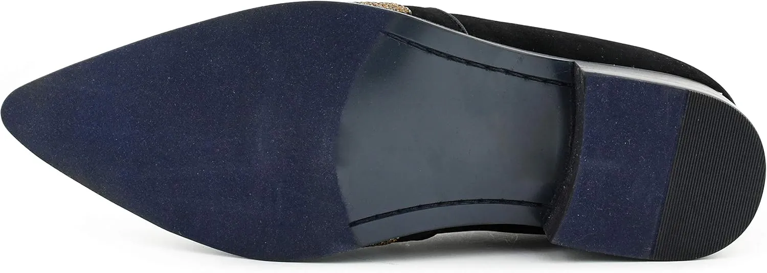 Bolano x Amali Men's Dress Loafers with Rhinestones, Slip-On, Tuxedo Loafer Shoes for Men, Pointed Toe with Metal Tip, Size Up