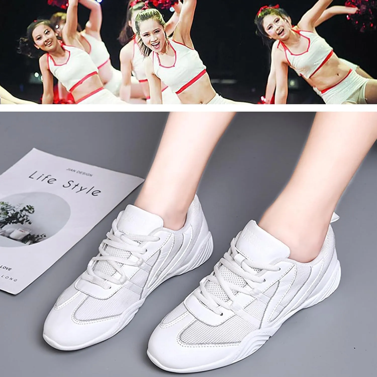 Boys Girls White Cheer Shoes Cheerleading Competition Athletic Walking Tennis Sport Hook&Loop Dance Sneakers Shoe