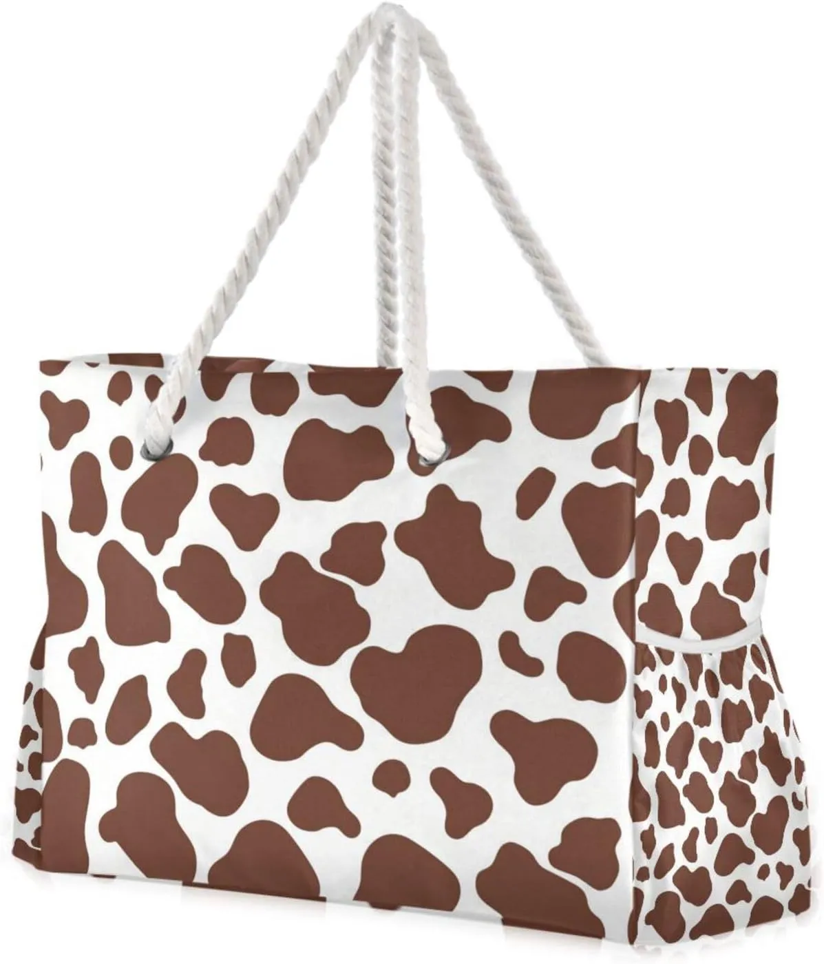 Brown Cow Print Duffel Bag Women Waterproof Sandproof with side pockets Large Tote Bag With Zipper for work