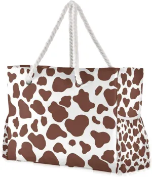 Brown Cow Print Duffel Bag Women Waterproof Sandproof with side pockets Large Tote Bag With Zipper for work
