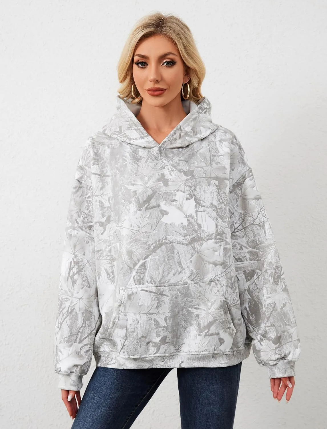 Camo Hoodie for Men Women Oversized Fleece Maple Leaf Hooded Sweatshirt Graphic Print Pullover Hoodies with Pocket