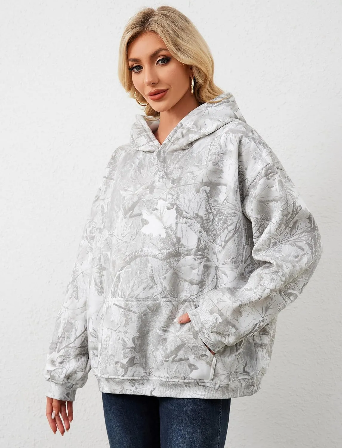 Camo Hoodie for Men Women Oversized Fleece Maple Leaf Hooded Sweatshirt Graphic Print Pullover Hoodies with Pocket