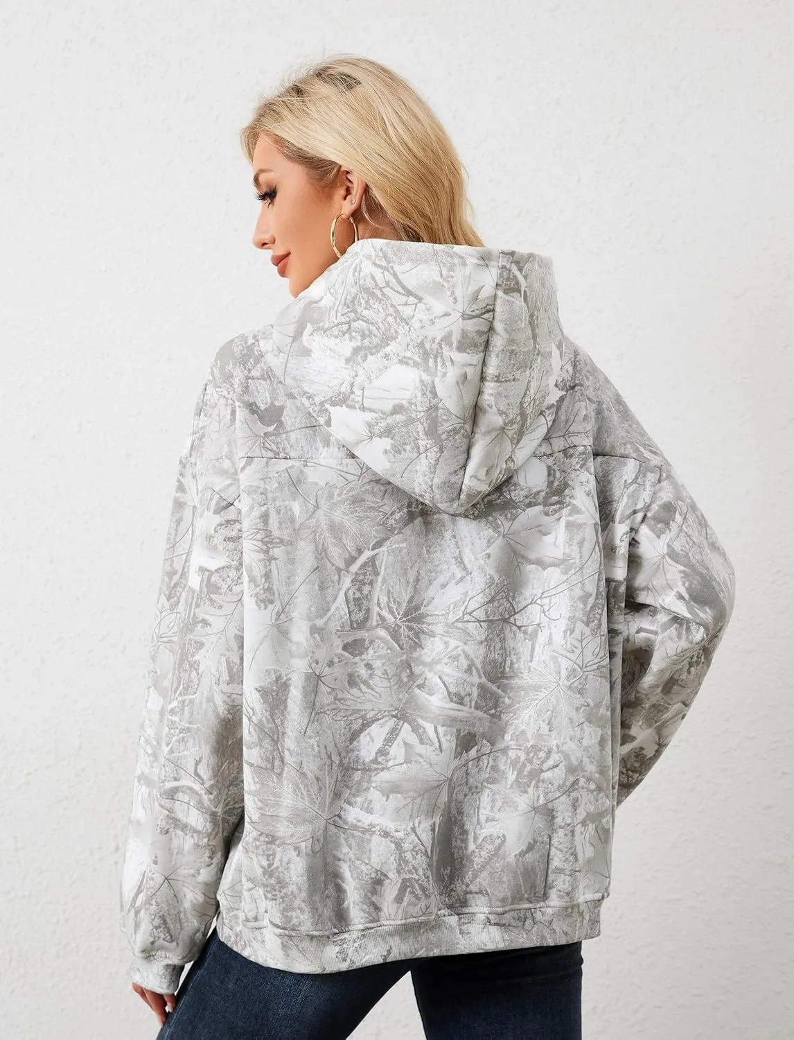 Camo Hoodie for Men Women Oversized Fleece Maple Leaf Hooded Sweatshirt Graphic Print Pullover Hoodies with Pocket