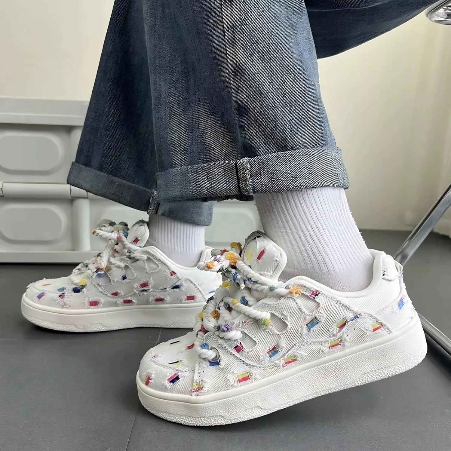 Canvas Rainbow Platform Shoes Fashion Chunky Sneakers for Women Off White Trendy Casual Aesthetic Skateboard Shoes