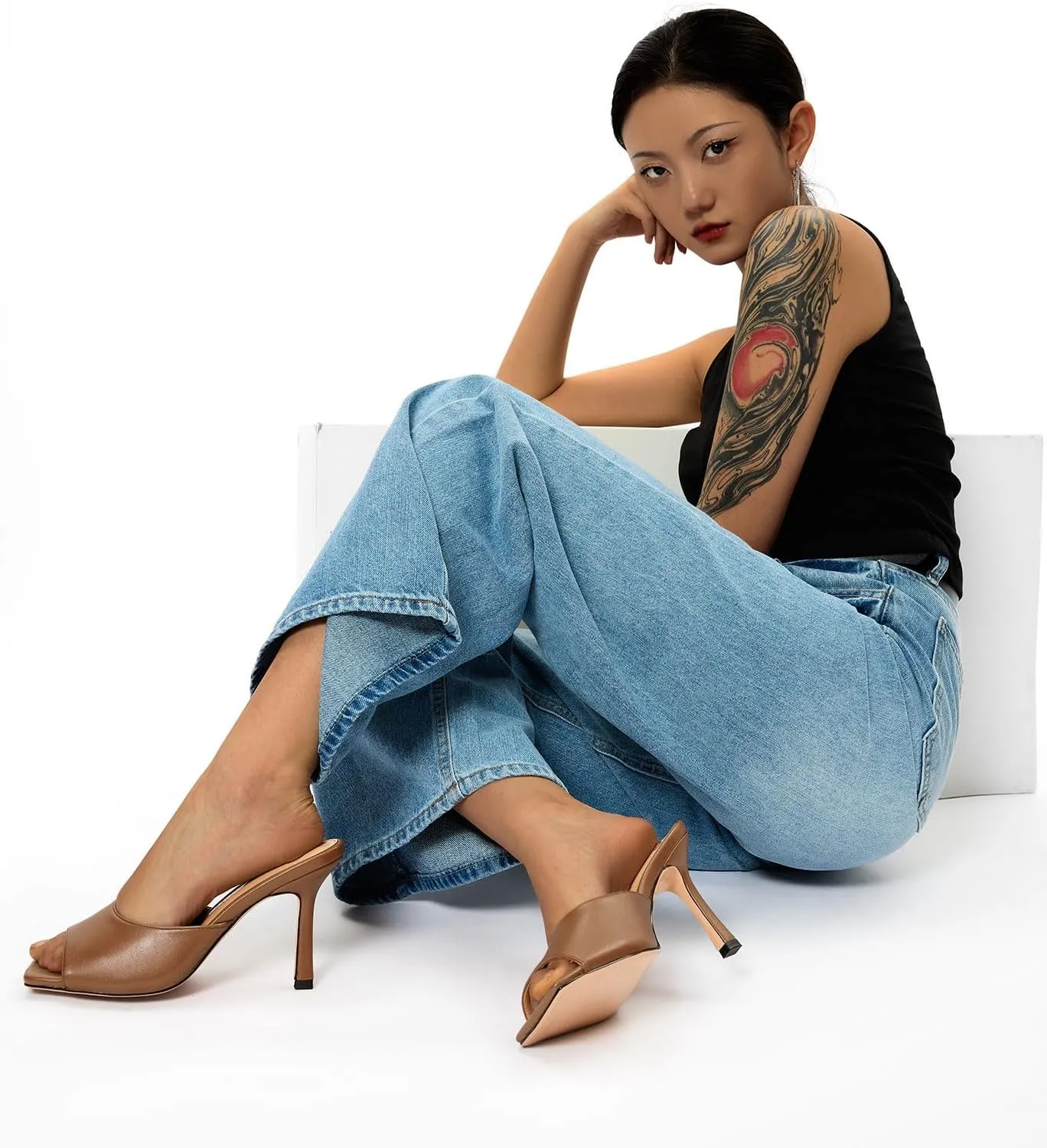 Castamere Square Open Toe Heeled Sandals for Women High Stiletto Heels Slip-on Mules Dress Comfortable Casual Summer Shoes 3.5 Inches Heels