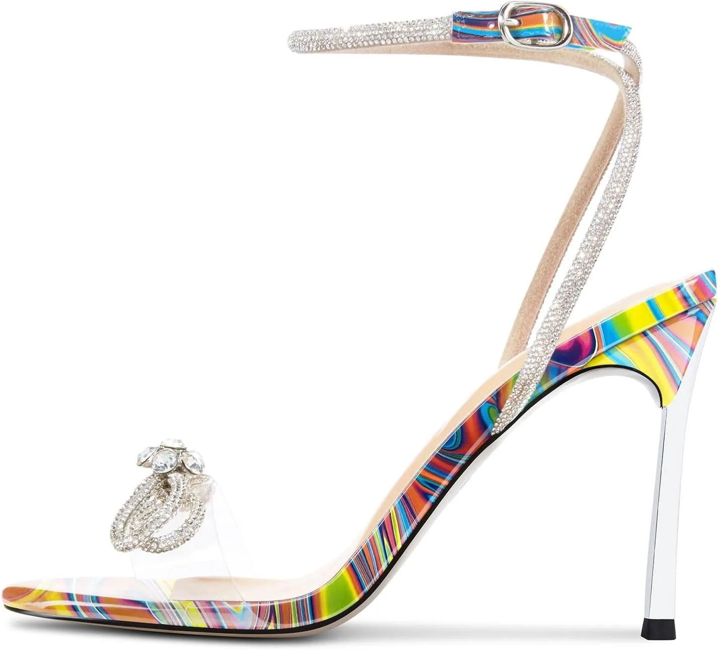 Castamere Womens Stiletto High Heel Open Toe Ankle Strap Rhinestone Crystal Bow-knot Sandals Prom Summer Clear 3.9 Inches Heels