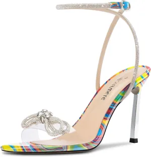 Castamere Womens Stiletto High Heel Open Toe Ankle Strap Rhinestone Crystal Bow-knot Sandals Prom Summer Clear 3.9 Inches Heels