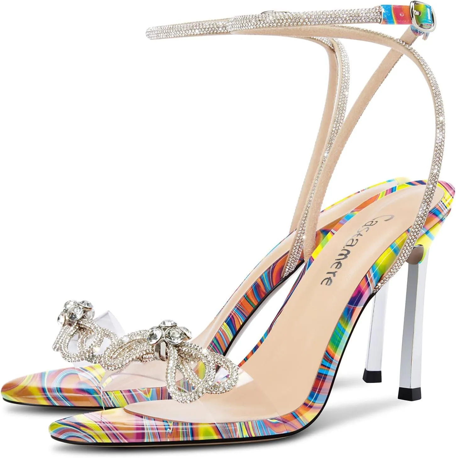 Castamere Womens Stiletto High Heel Open Toe Ankle Strap Rhinestone Crystal Bow-knot Sandals Prom Summer Clear 3.9 Inches Heels