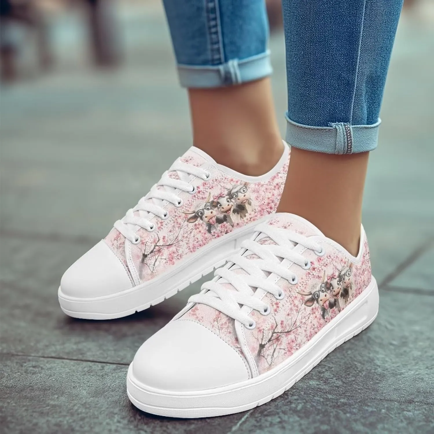 Cherry Blossoms Canvas Shoes for Women Classic Low Top Sneakers Fashion Slip on Work Shoes for Daily Walks
