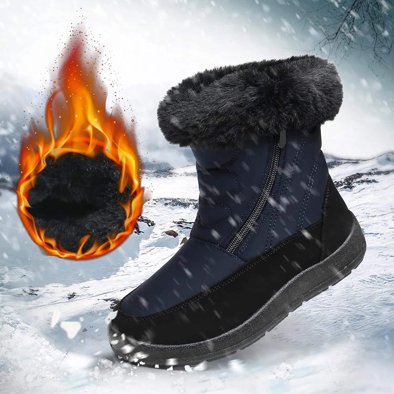 Cheval Winter Snow Zip Up Boots for Women, Fur Lined Warm Ankle Booties, Outdoor Anti-slip Waterproof Comfortable Short Boot, Botas De Invierno Para Mujert
