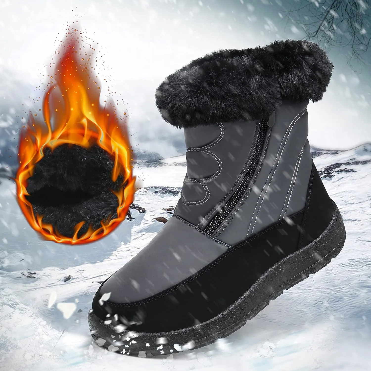 Cheval Winter Snow Zip Up Boots for Women, Fur Lined Warm Ankle Booties, Outdoor Anti-slip Waterproof Comfortable Short Boot, Botas De Invierno Para Mujert