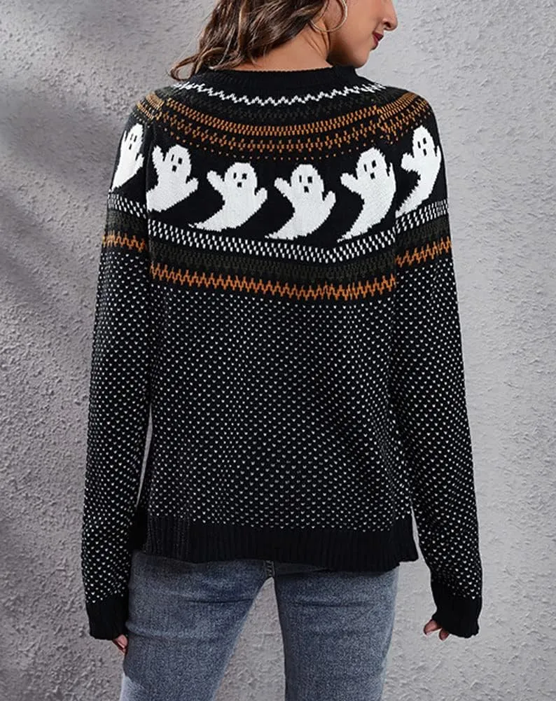 chouyatou Women's Vintage Fair Isle Ghost Pattern Crewneck Knitted Pullover Sweater