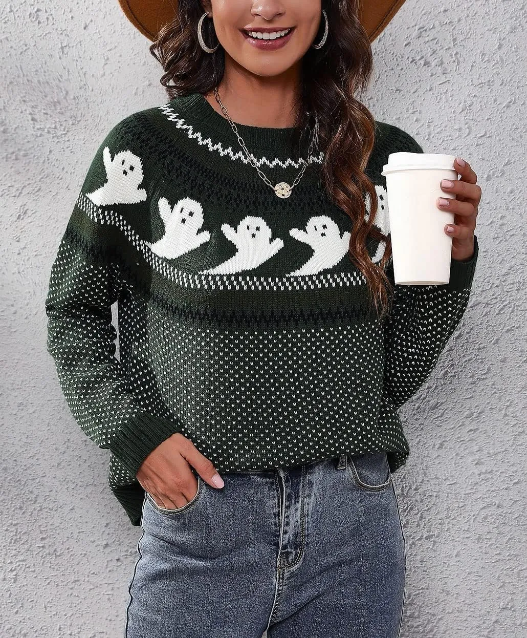 chouyatou Women's Vintage Fair Isle Ghost Pattern Crewneck Knitted Pullover Sweater