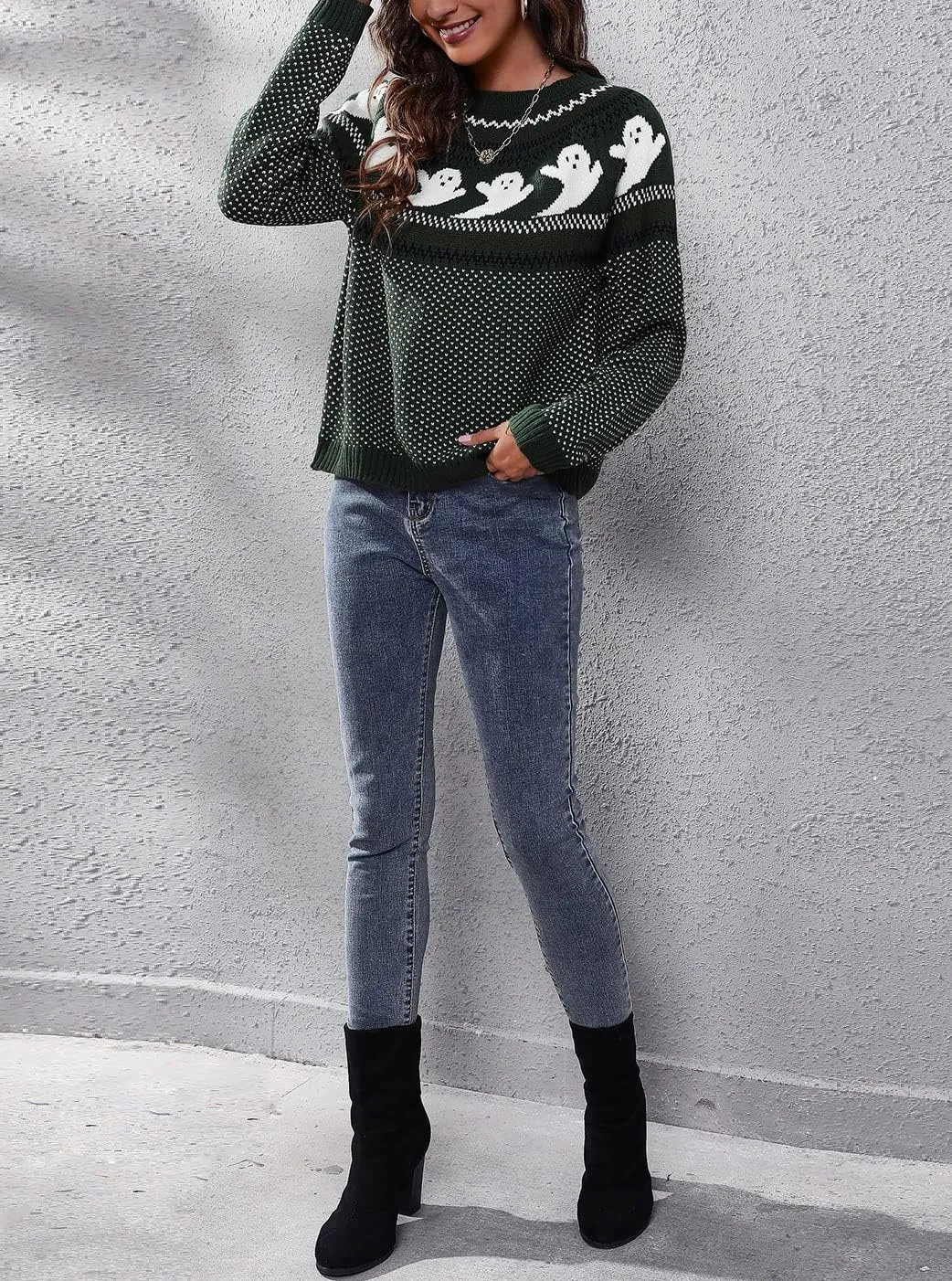 chouyatou Women's Vintage Fair Isle Ghost Pattern Crewneck Knitted Pullover Sweater