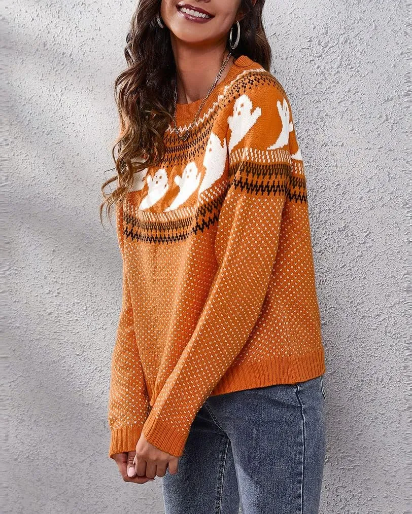 chouyatou Women's Vintage Fair Isle Ghost Pattern Crewneck Knitted Pullover Sweater