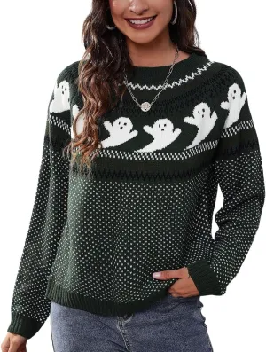chouyatou Women's Vintage Fair Isle Ghost Pattern Crewneck Knitted Pullover Sweater