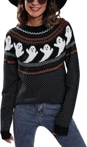 chouyatou Women's Vintage Fair Isle Ghost Pattern Crewneck Knitted Pullover Sweater