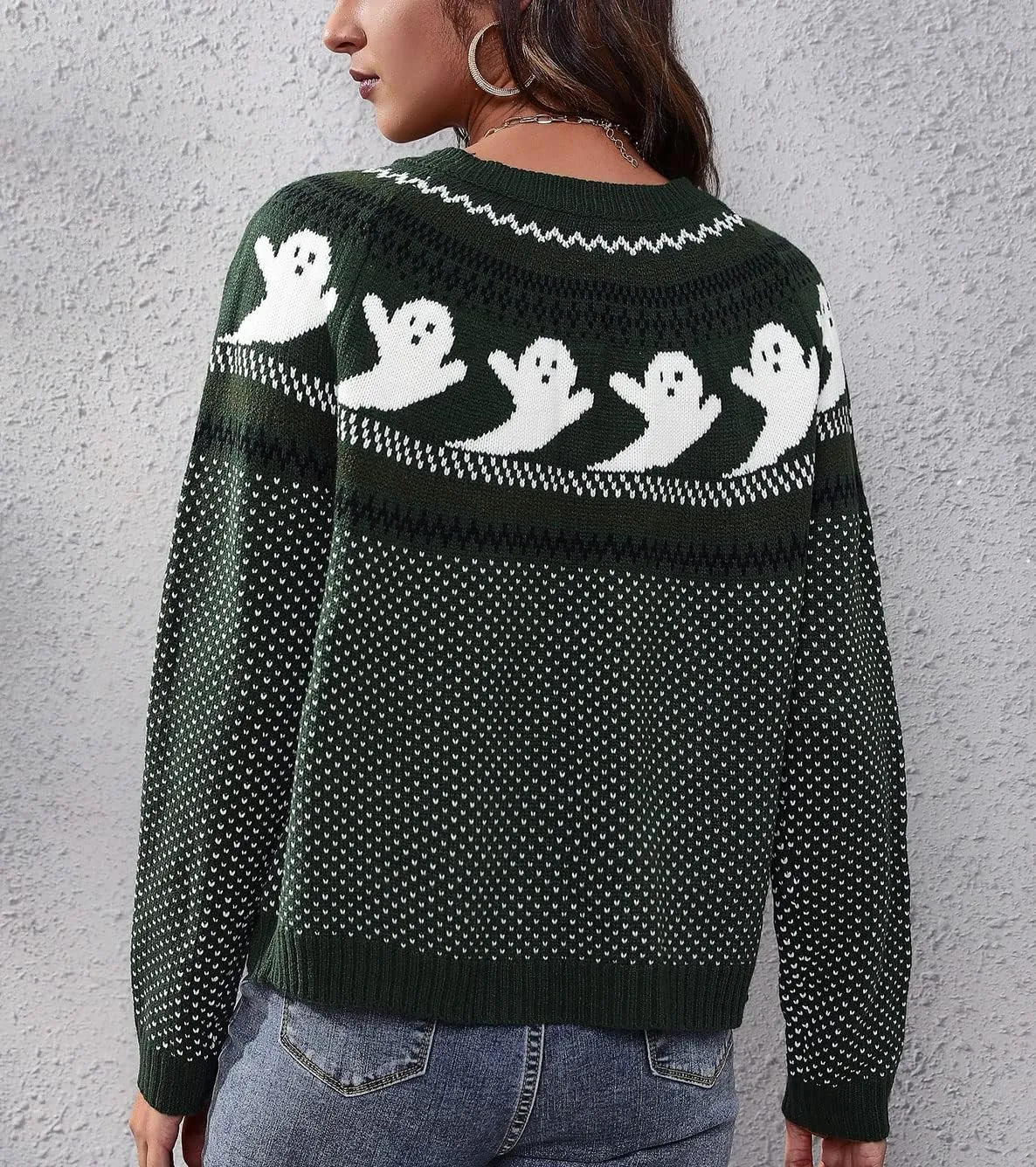 chouyatou Women's Vintage Fair Isle Ghost Pattern Crewneck Knitted Pullover Sweater