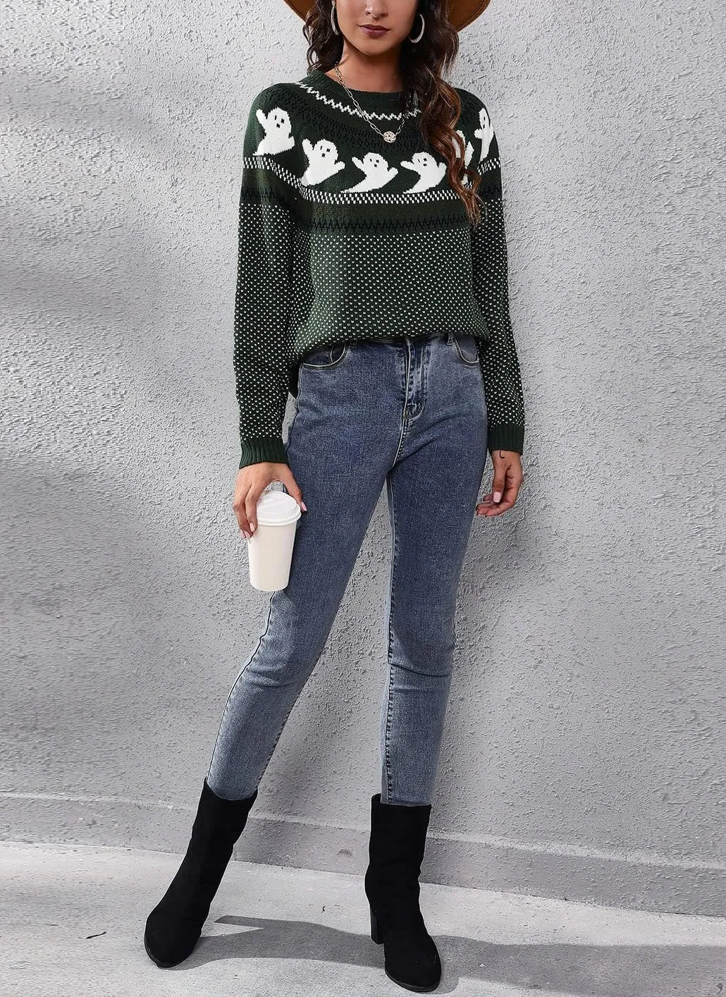 chouyatou Women's Vintage Fair Isle Ghost Pattern Crewneck Knitted Pullover Sweater