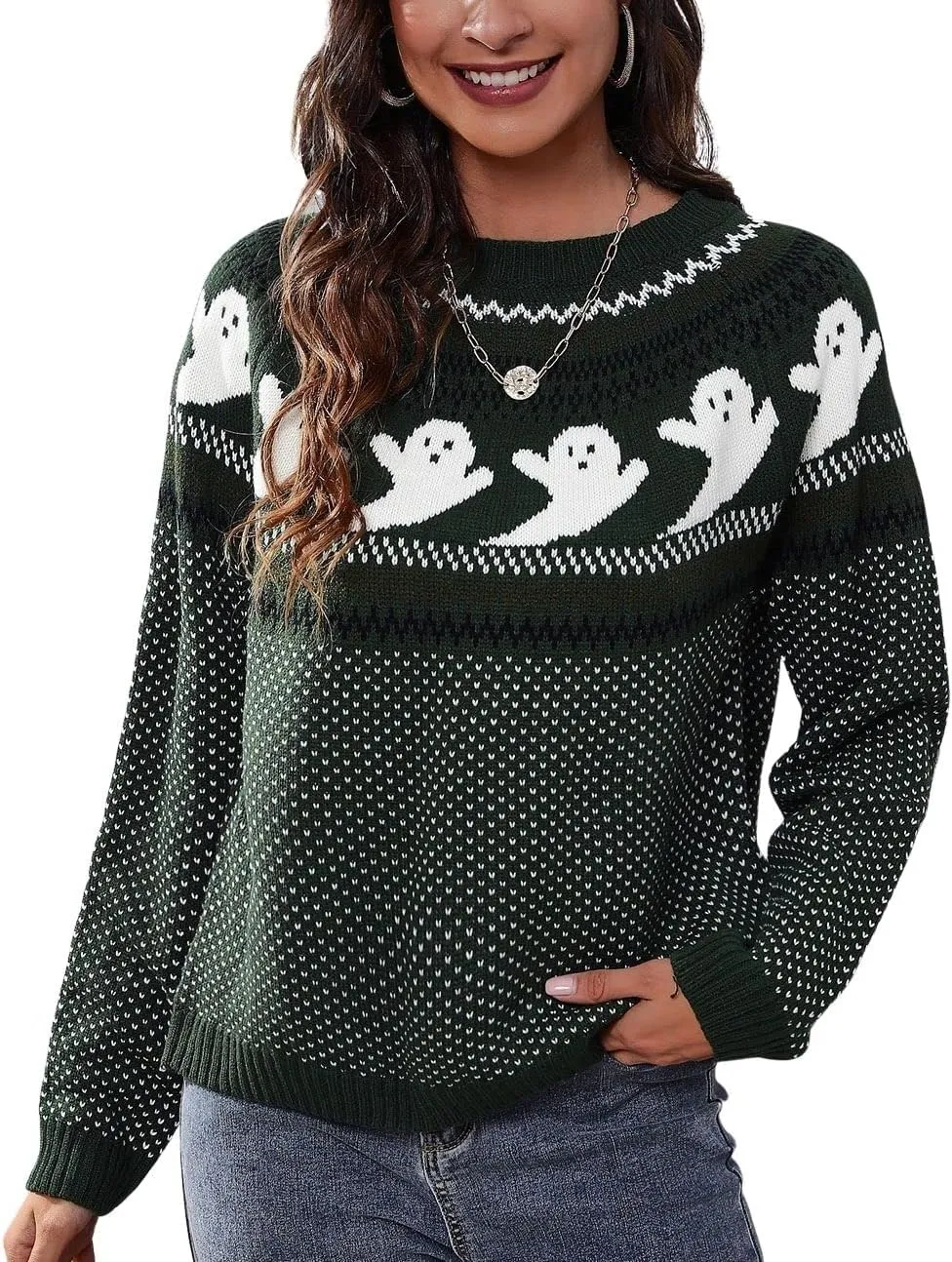 chouyatou Women's Vintage Fair Isle Ghost Pattern Crewneck Knitted Pullover Sweater