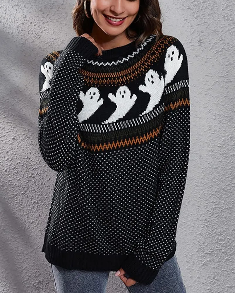 chouyatou Women's Vintage Fair Isle Ghost Pattern Crewneck Knitted Pullover Sweater