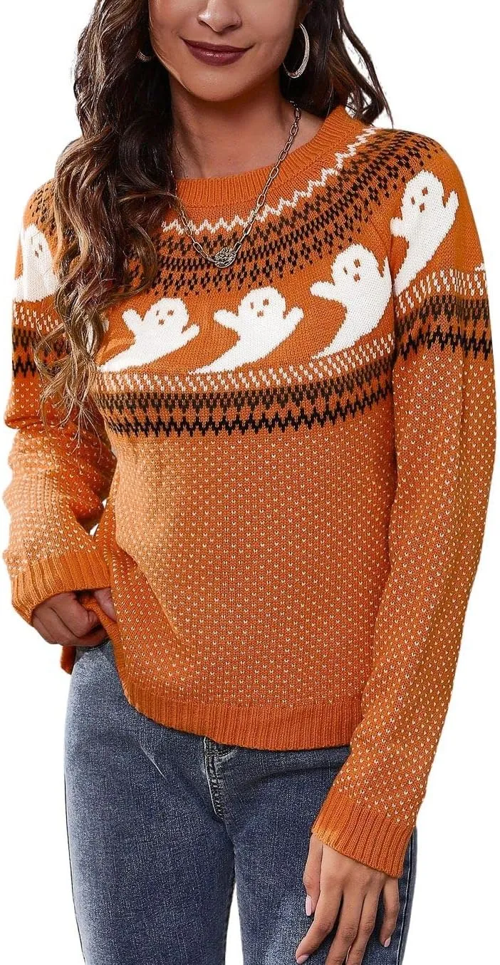 chouyatou Women's Vintage Fair Isle Ghost Pattern Crewneck Knitted Pullover Sweater