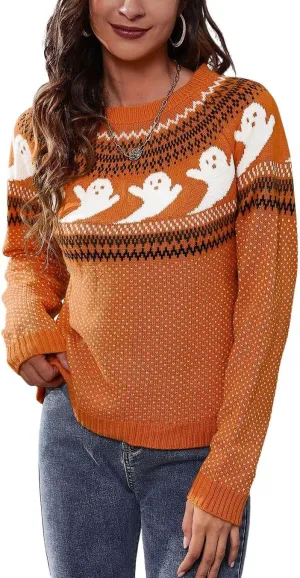 chouyatou Women's Vintage Fair Isle Ghost Pattern Crewneck Knitted Pullover Sweater