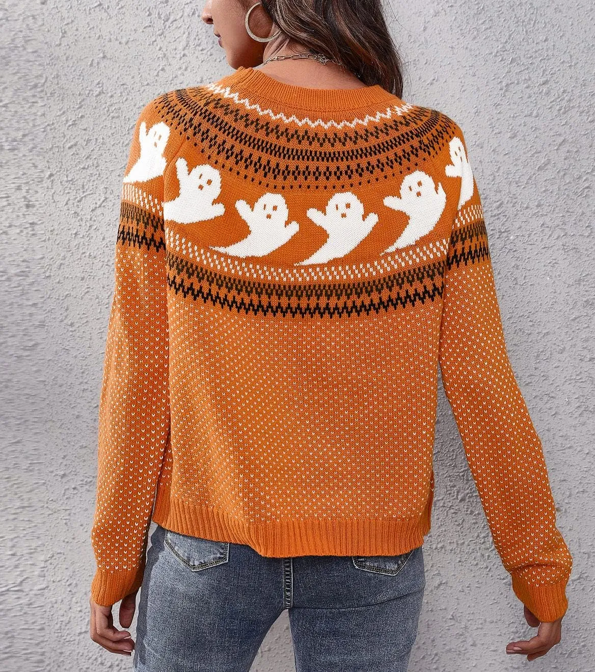 chouyatou Women's Vintage Fair Isle Ghost Pattern Crewneck Knitted Pullover Sweater