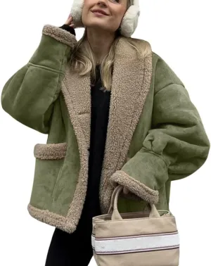 chouyatou Women's Winter Casual Faux Suede Leather Jacket Button Down Fuzzy Sherpa Lined Jacket Coat