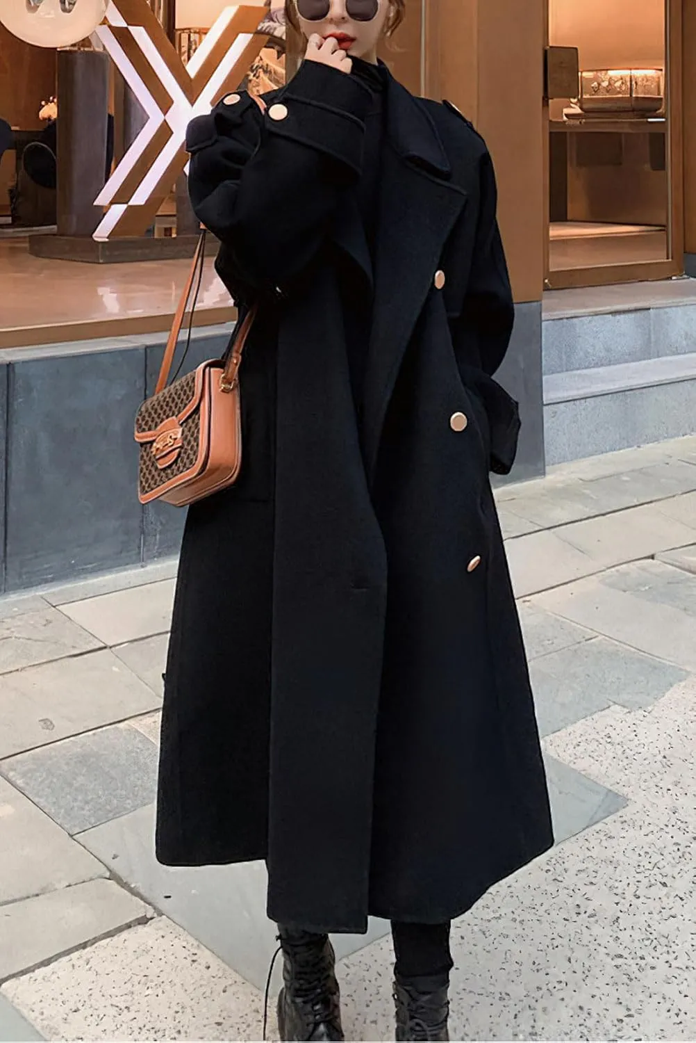 chouyatou Women's Winter Double Breasted Midi Long Wool Pea Coat Notch Lapel Winter Trench Coat