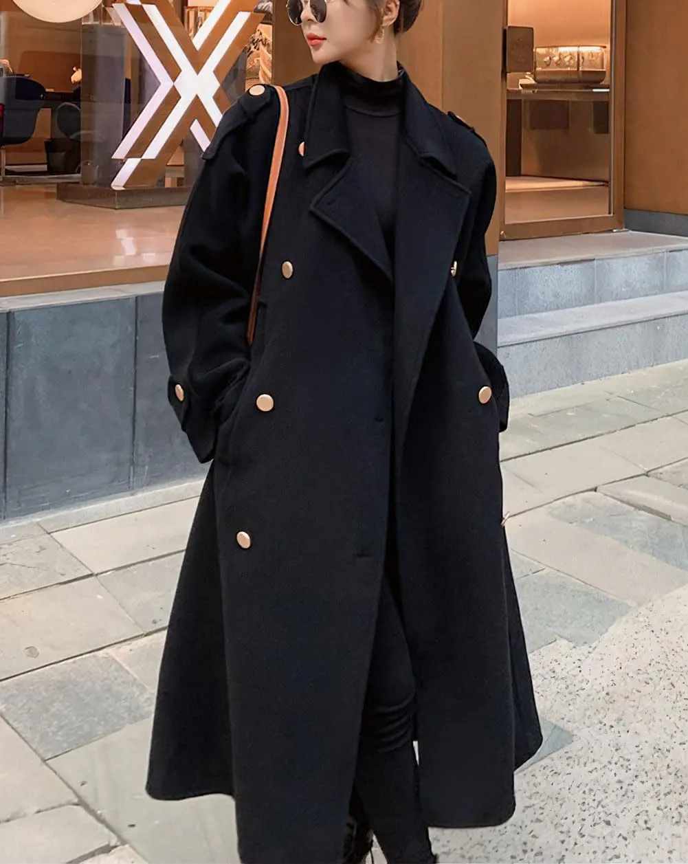 chouyatou Women's Winter Double Breasted Midi Long Wool Pea Coat Notch Lapel Winter Trench Coat