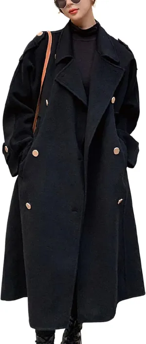 chouyatou Women's Winter Double Breasted Midi Long Wool Pea Coat Notch Lapel Winter Trench Coat
