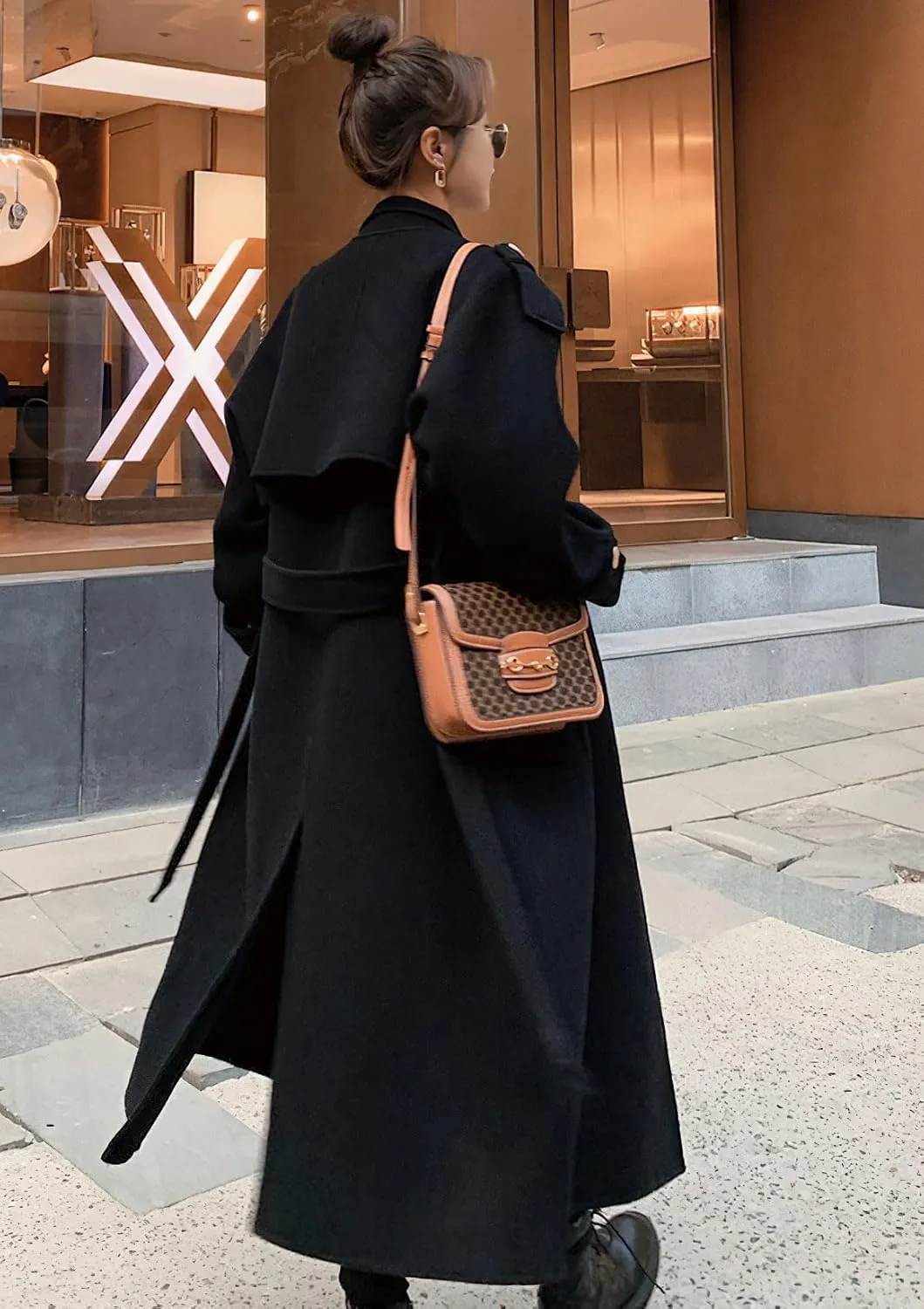 chouyatou Women's Winter Double Breasted Midi Long Wool Pea Coat Notch Lapel Winter Trench Coat