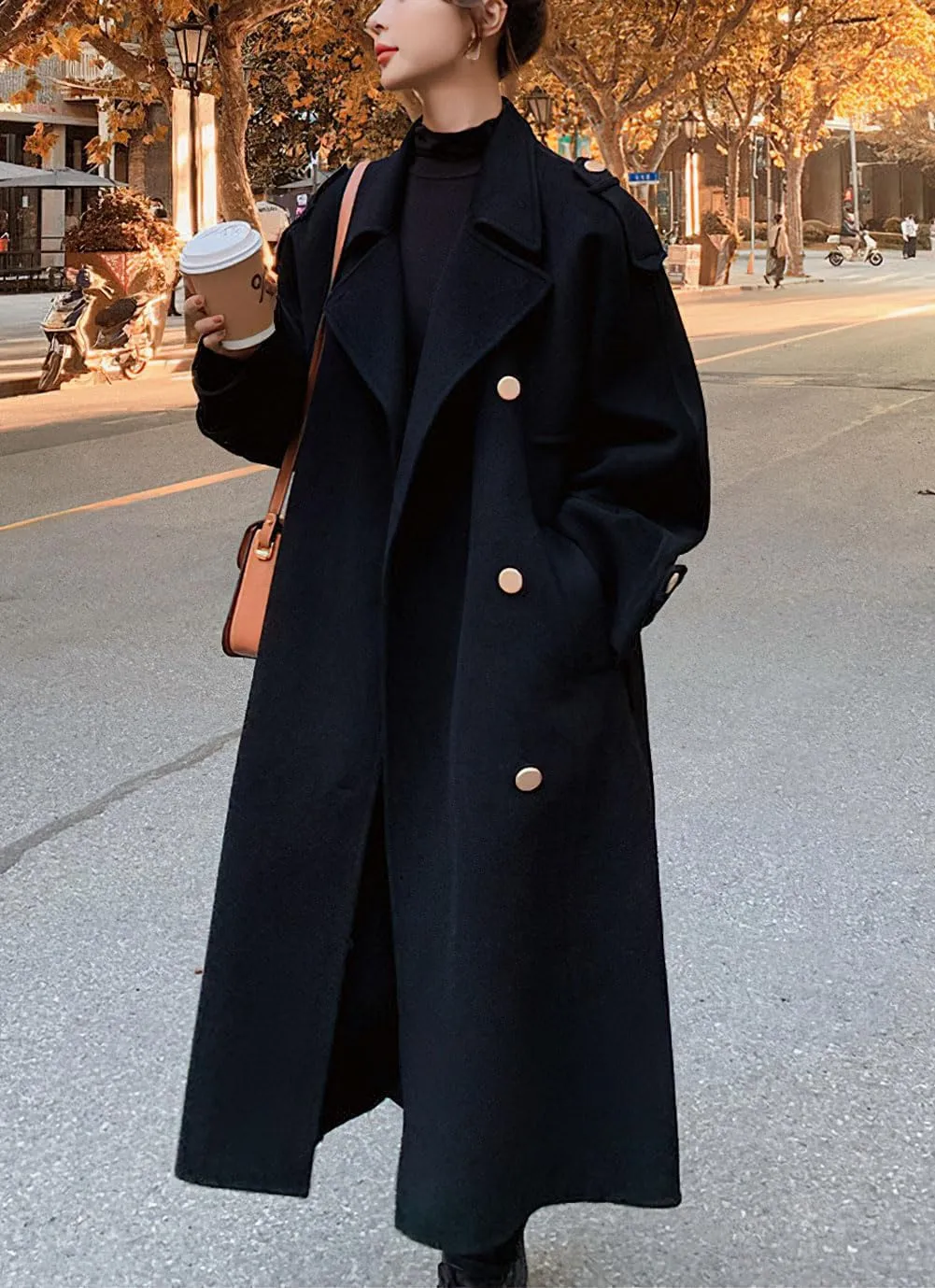 chouyatou Women's Winter Double Breasted Midi Long Wool Pea Coat Notch Lapel Winter Trench Coat