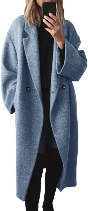 chouyatou Women's Winter Double Breasted Wool Coat Long Sleeve Notch Lapel Long Trench Coat