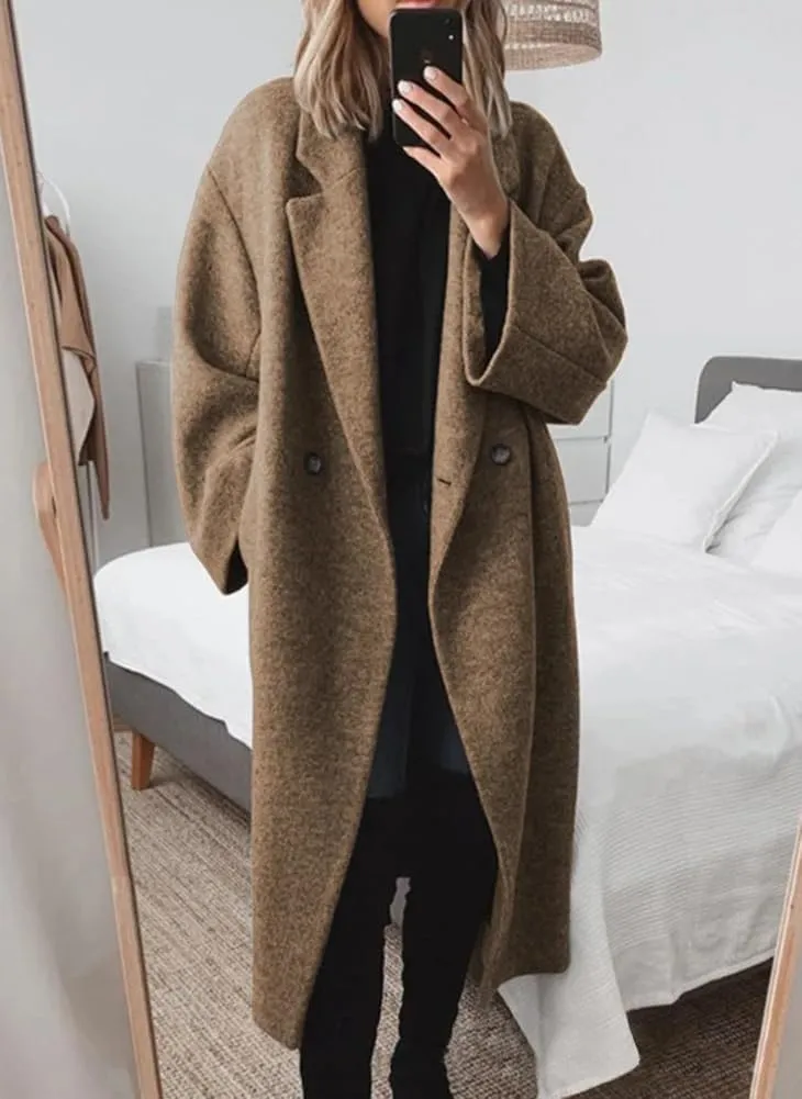 chouyatou Women's Winter Double Breasted Wool Coat Long Sleeve Notch Lapel Long Trench Coat