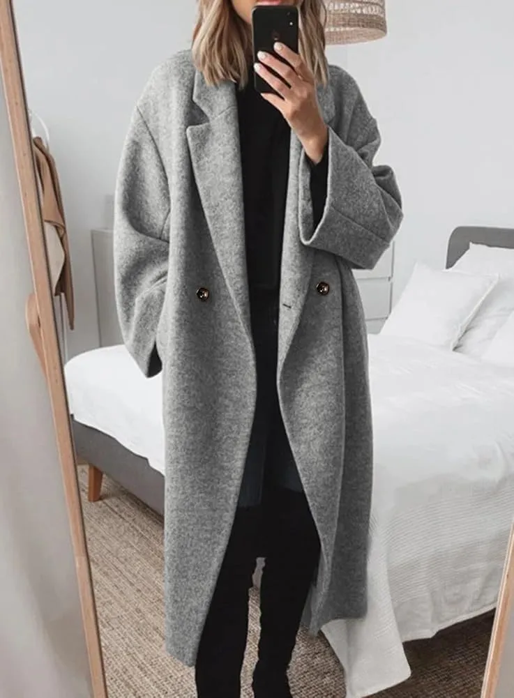 chouyatou Women's Winter Double Breasted Wool Coat Long Sleeve Notch Lapel Long Trench Coat